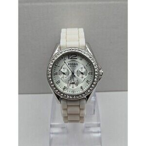 Fossil Riley Womens 40mm Watch White Silicone Glitz Bezel Quartz New Battery WR